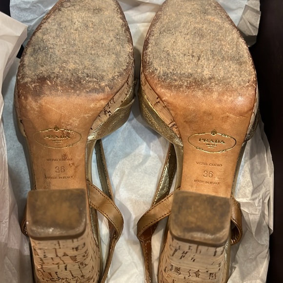 Prada Gold and Tan Peep Toe Sling Back Cork Platform Sandal - Picture 10 of 10